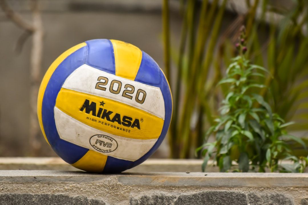 yellow and blue volleyball on brown wooden fence