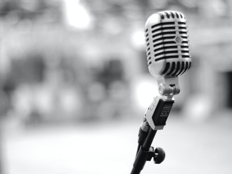 grayscale photo of studio microphone